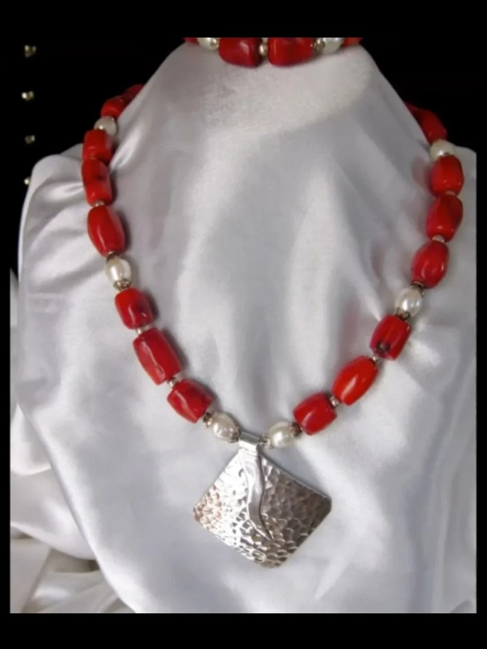 Handcrafted Red Coral/FW Pearls/Bali SS/Hill Tribes Silver Pendant Necklace